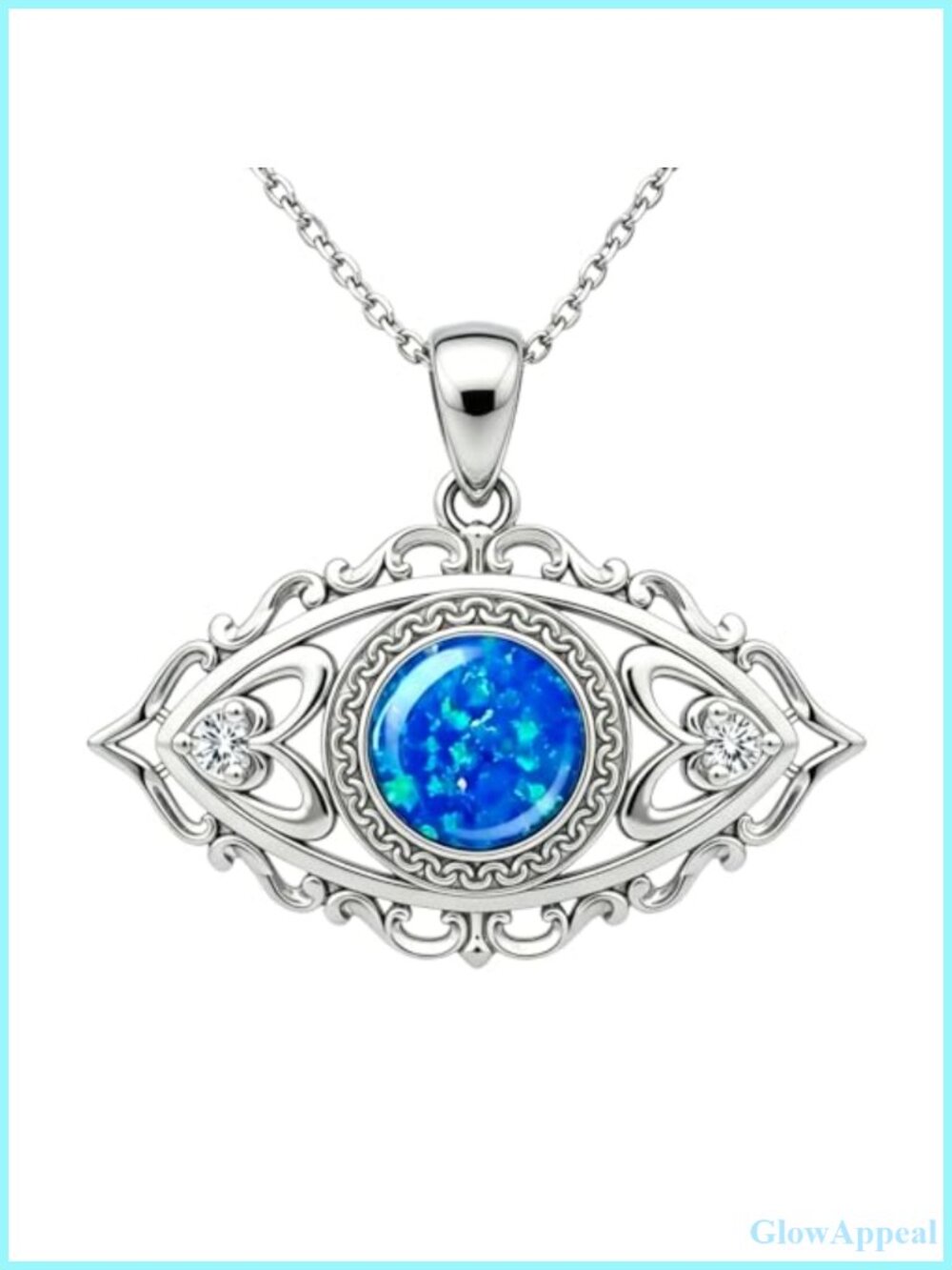 925 Sterling Silver Evil Eye Necklace Opal & Diamond Pendant 18+2 Inch